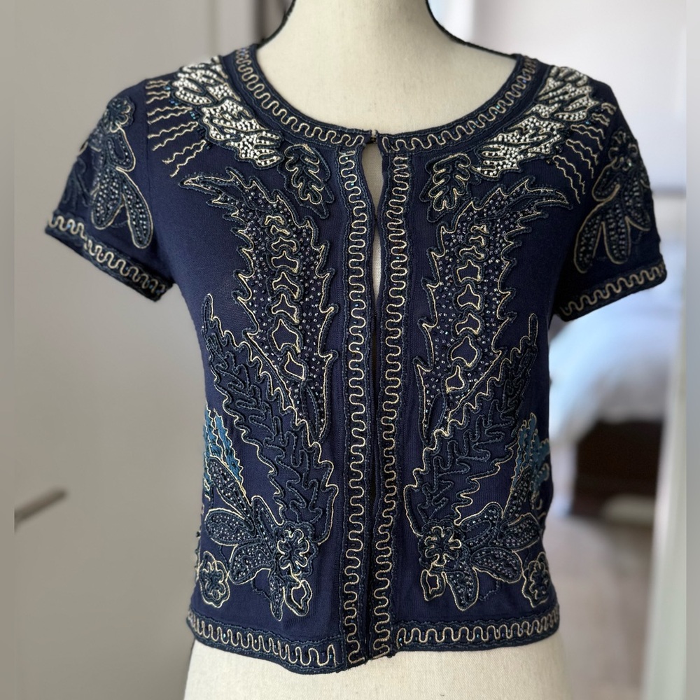 Embroidered Beaded Navy Boho Crop Top Artisan Festival Blouse